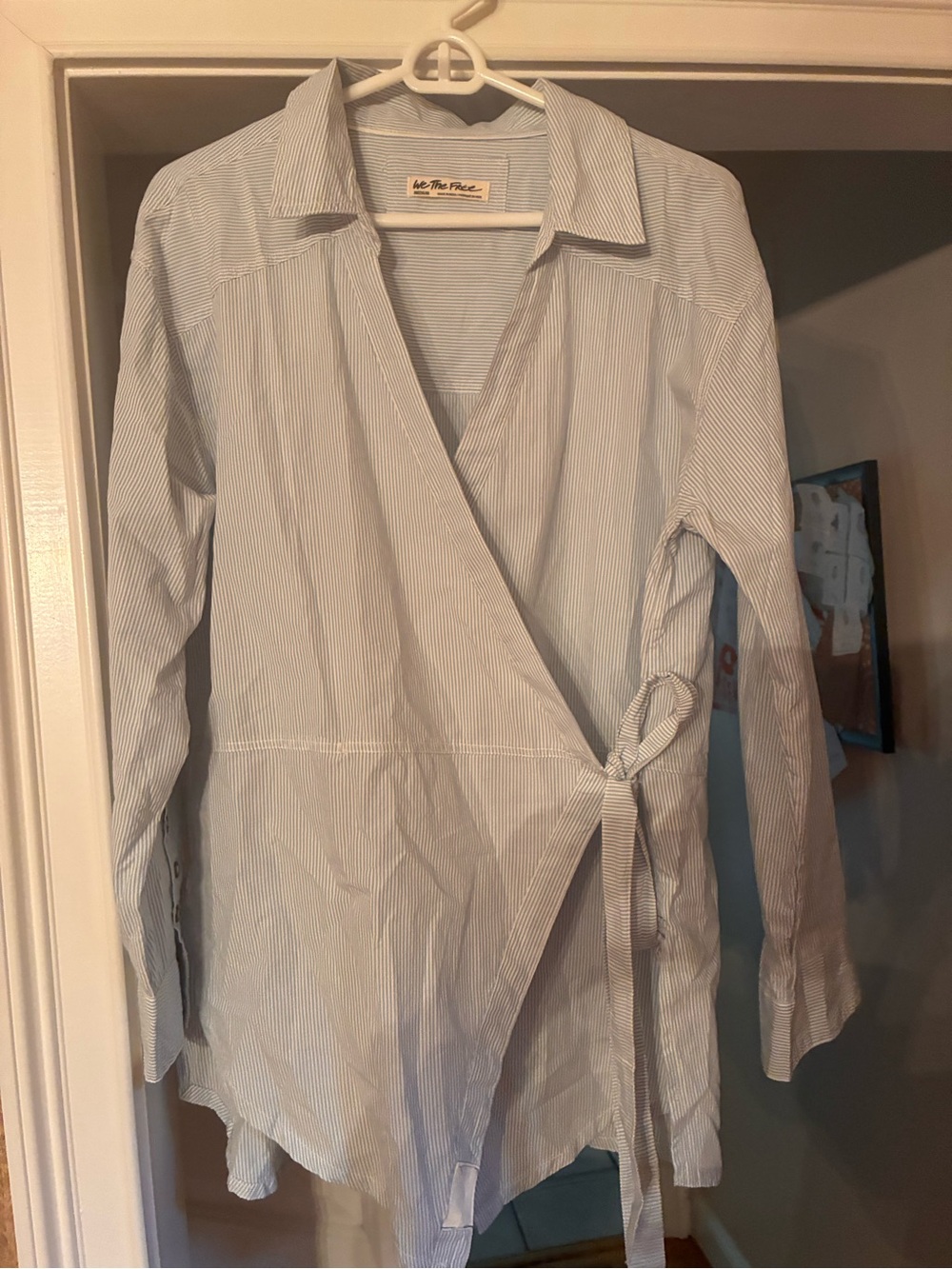 We The Free Light Blue and White Striped Wrap Blouse
